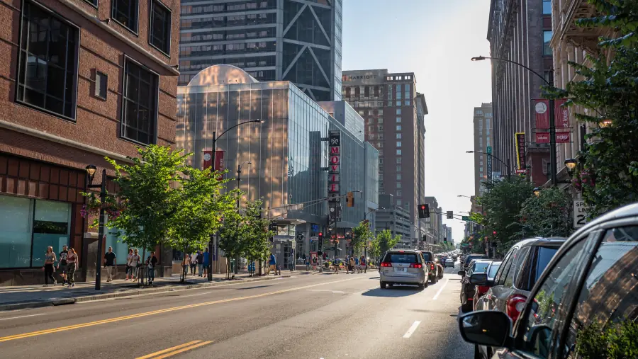 Washington Avenue looking east on a summer afternoon, lined with trees and historic buildings